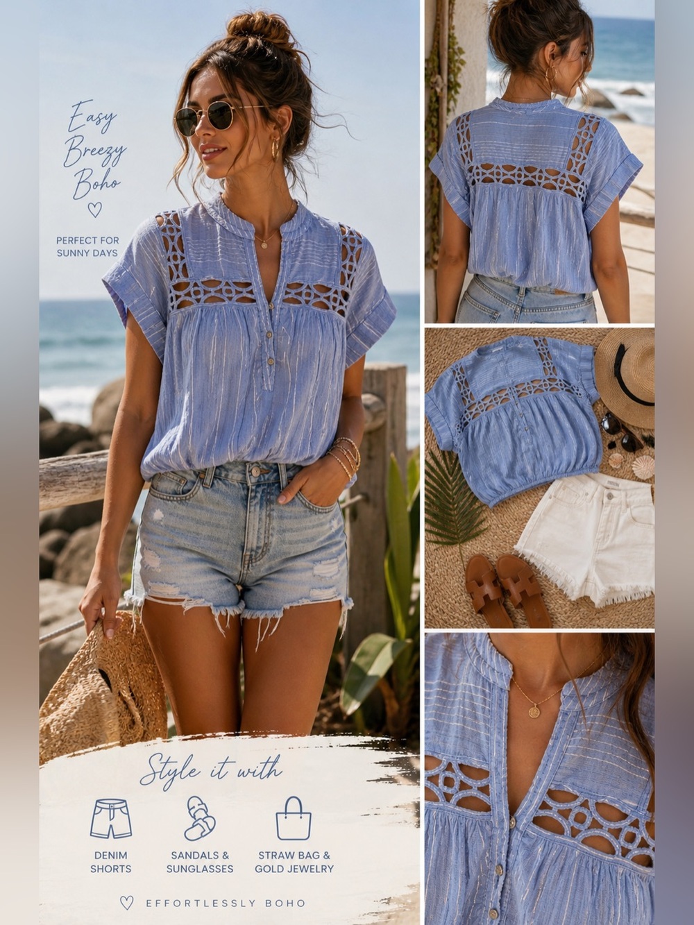 Free People Cedar Lace Blouse Blue Boho Peasant Top XS Cotton